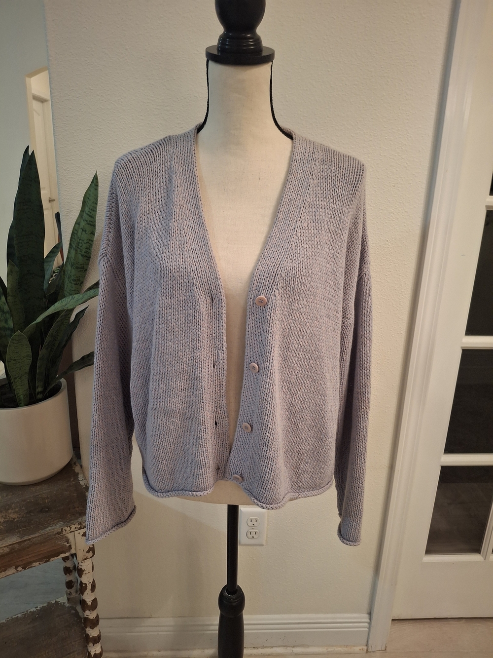 Eileen Fisher Lavender Open-Knit Button Cardigan